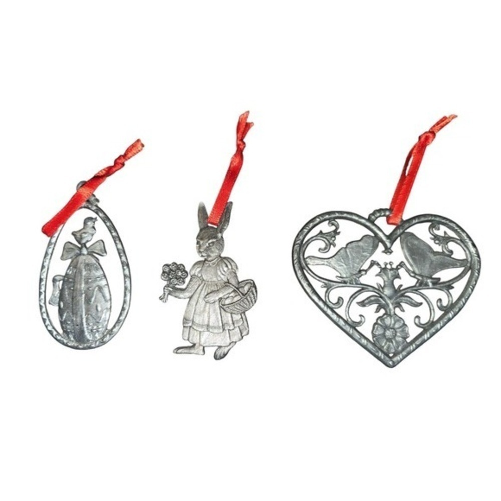 Pewter Easter Ornaments‎ Set Egg Bunny Birds Heart Red Ribbon Holiday Decor
